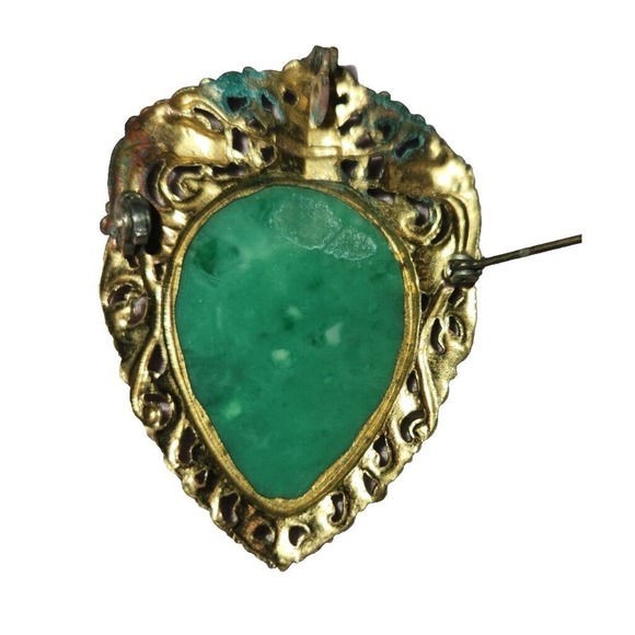 Vintage Chinese Carved Faux Jade Bird Brooch Pin Pendant Filigree - Picture 2 of 5